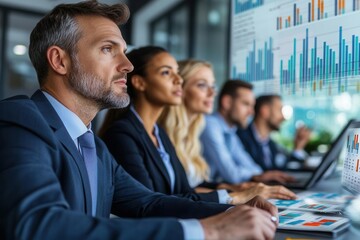 Diverse team of business executives analyzing procurement costs on a digital dashboard cost analysis, procurement management