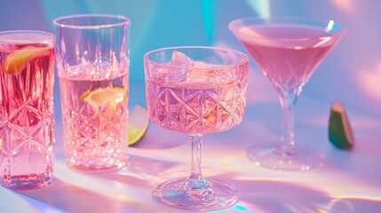 Three pink cocktails with ice and a lime wedge, served in elegant glasses on a white table with vibrant rainbow lighting.