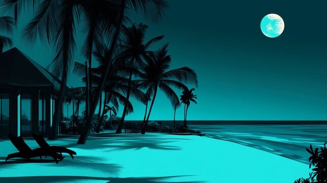 Tranquil Beach Night with Full Moon and Palm Trees, showcasing a serene atmosphere with a full moon, palm trees, and a calm ocean. - Powered by Adobe