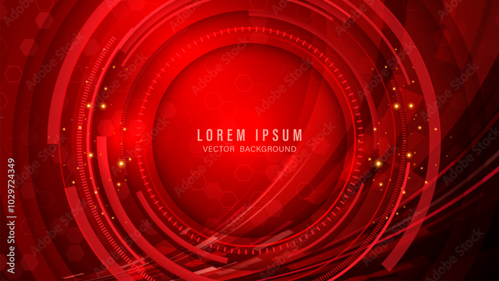 Wall mural dynamic abstract red background with concentric circles, hexagonal shapes, geometric elements, and g