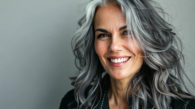 A woman with long, gray hair smiles at the camera