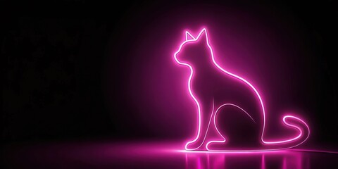 Stylish pink light outline of a cat's silhouette against dark background , cat, silhouette, outline, pink, stylish