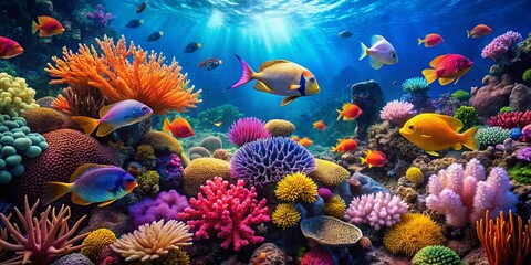 Fototapeta premium A vibrant underwater landscape with a plethora of colorful fish swimming amidst a tapestry of coral reefs, showcasing nature's intricate beauty and the delicate balance of marine ecosystems.