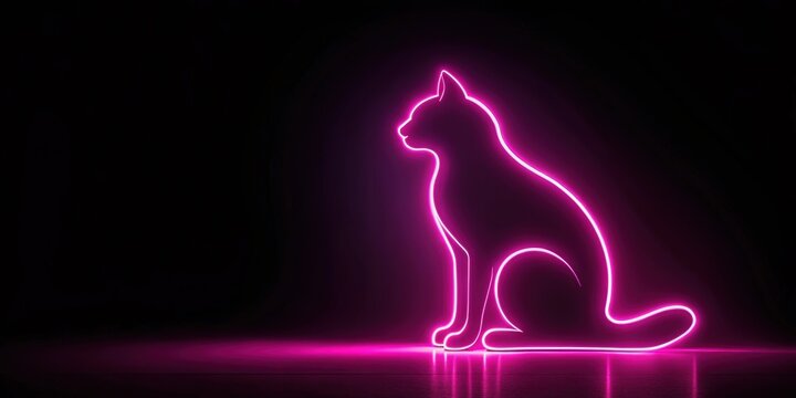 Stylish pink light outline of cat's silhouette against dark background, cat, silhouette, outline, stylish, pink, light