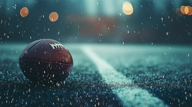 Snowflakes gently fall over a football on the wet field as evening lights reflect, creating a magical winter atmosphere in the stadium, copy space