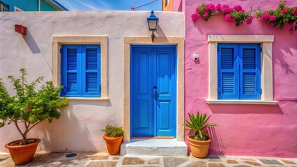 Traditional Greek house with colorful blue door and pink walls in Asos village, Greece , Greece, architecture, traditional