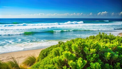 Natural beach landscape with green bush in foreground, ocean waves in background and clear blue sky above, beach, bush, ocean
