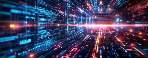 Fototapeta premium Digital compliance dashboard, virtual reality holograms, neon data streams, corporate setting