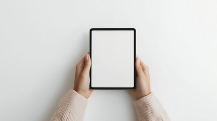 A pair of hands holding a tablet with a blank screen, isolated on a white background