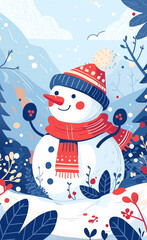 Cute cartoon vector style, simple flat illustration of a cute snowman in a snowy field with blue mountains and trees in the pastel color style