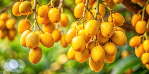 Closeup of ripe yellow ara?? fruit hanging from branches, ara??, yellow, fruit, closeup, ripe, tropical, sweet, juicy, Brazilian