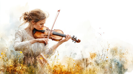 Brown watercolor painting of a woman is playing violin on the meadow