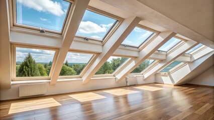Obraz premium Interior shot of a room with dormer roof windows letting in natural light, dormer, roof windows, skylight, interior, room