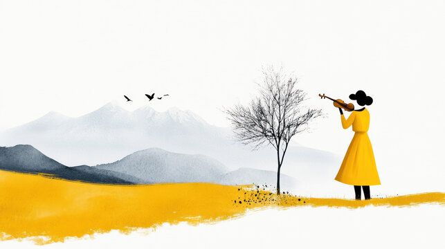 Yellow watercolor painting of a woman is playing violin on the meadow