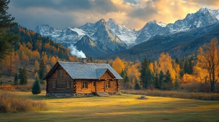A rustic wooden cabin sits in a valley surrounded by golden autumn trees and snow-capped mountains at sunset.