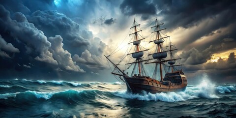 Fototapeta premium Pirate ship battling a storm on the high seas, adventure, pirate, ship, storm, ocean, water, danger, action, seafaring