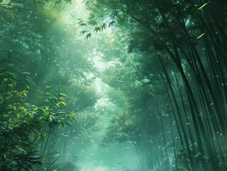 Obraz premium Deep bamboo forest, strong sense of space, falling bamboo leaves - ai