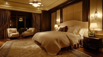 Luxury bedroom design with elegant furnishings, plush bedding, and soft, ambient lighting