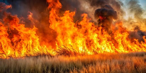 Fiery Wall of Flames Devouring the Dry Grass, Leaving Only Smoke and Ash in Its Wake