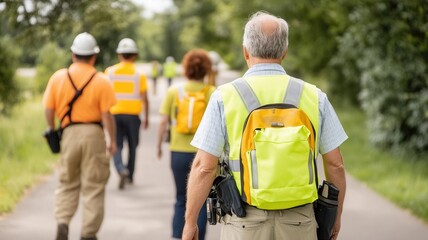Citizens practicing emergency evacuation routes during a community disaster drill, public safety preparation
