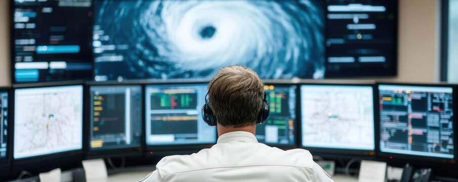A control room with emergency planners monitoring an approaching hurricane, disaster response planning in action