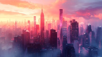 Fototapeta premium An advanced city skyline with reflective skyscrapers, detailed street murals bursting with color and energy, captured in soft watercolor tones