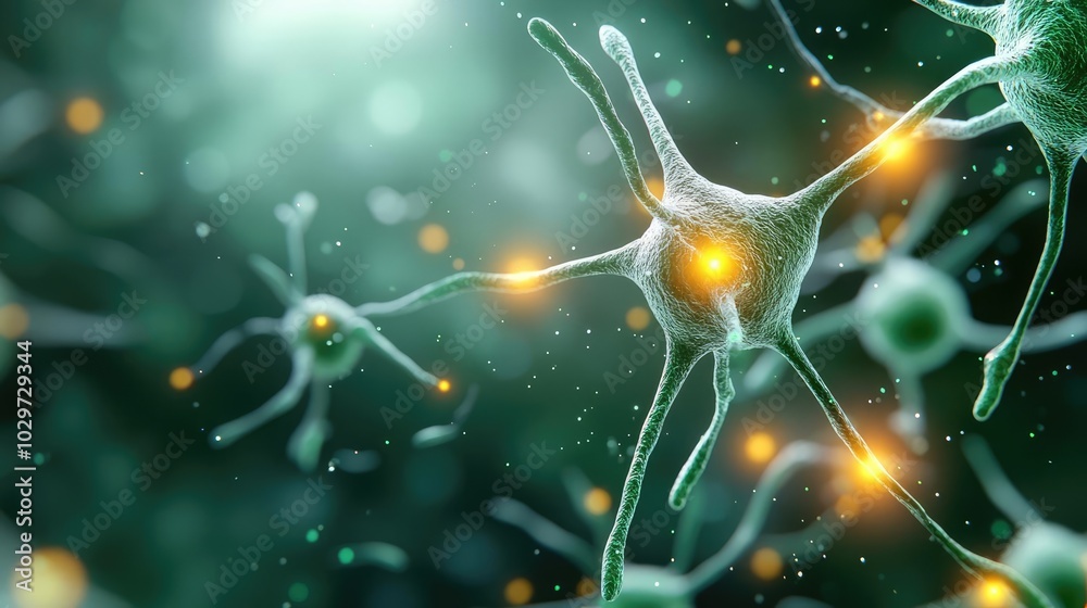 Poster isolated neurons with glowing connections on a soft green background.