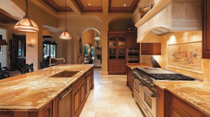 Luxury kitchen with elegant lighting, marble countertops, and high-end appliances