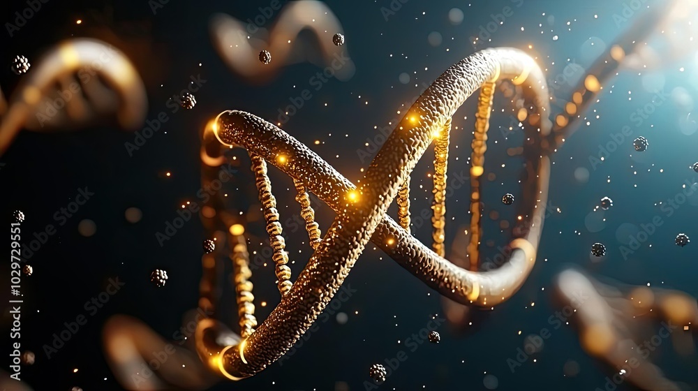 Poster Golden DNA strands illuminated in a dark background with shimmering particles.