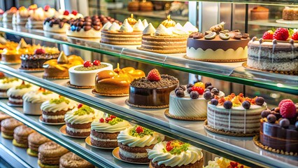 Fototapeta premium A Display of Delectable Desserts A Tempting Array of Cakes and Pastries in a Glass Showcase, Each One More Enticing Than the Last, Featuring Fresh Berries and Whipped Cream