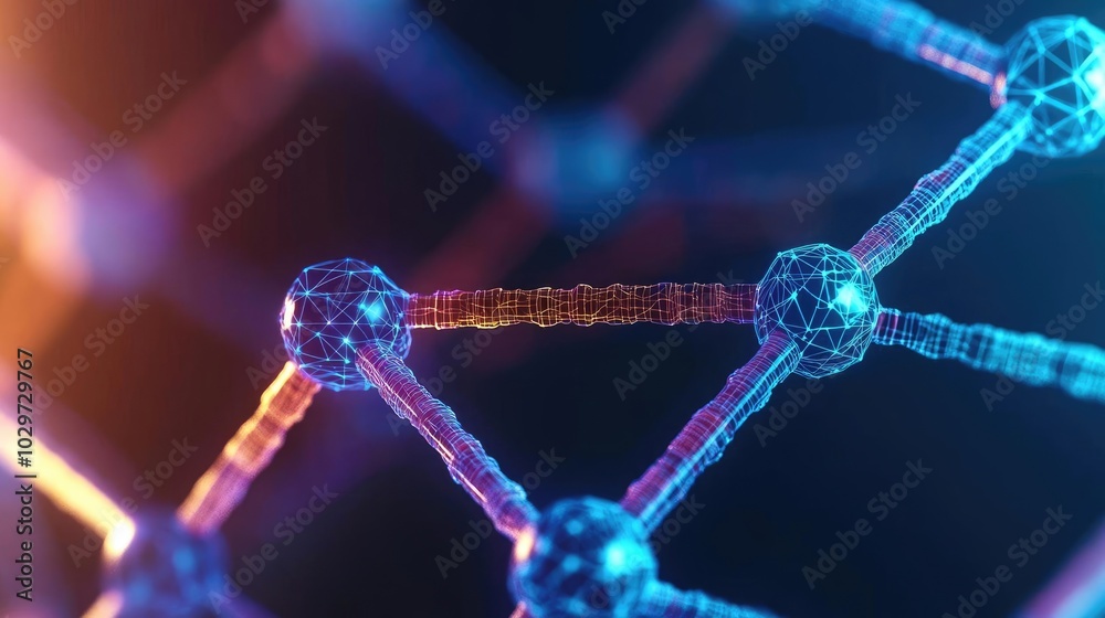 Poster abstract molecular structure with colorful connections, on a dark background.