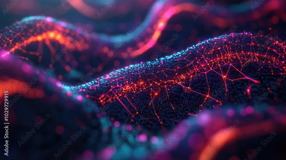Poster colorful abstract wave with glowing particles on a dark background.