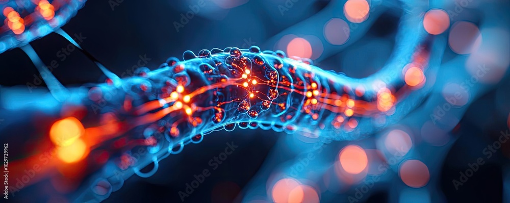 Poster abstract representation of molecules with glowing particles on a dark background.