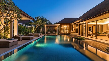 Fototapeta premium Luxury pool design with elegant furniture, chic deck decor, and ambient lighting
