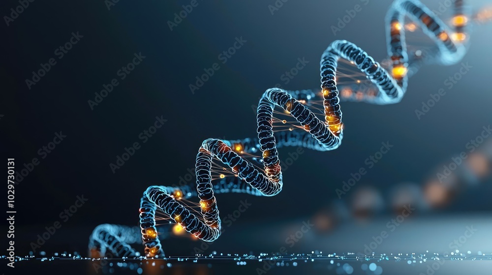 Aufkleber digital dna double helix, illuminated with glowing particles and a dark background.
