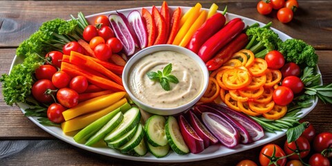 Colorful vegetable platter with creamy hummus dip in the center, featuring fresh carrots, cucumbers, tomatoes
