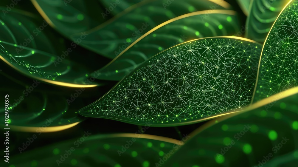 Poster close-up of vibrant green leaves showcasing intricate patterns and textures.