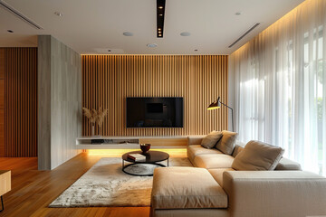 Fototapeta premium Interior of a living room with television, couch over big window. domestic life, design and architecture.