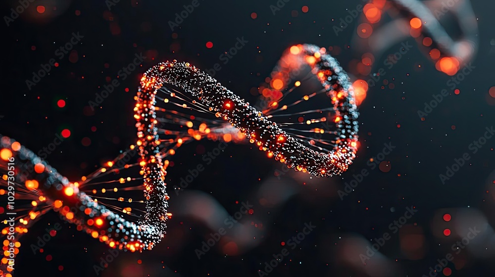 Poster abstract dna helix structure in striking orange and black colors on a dark background.