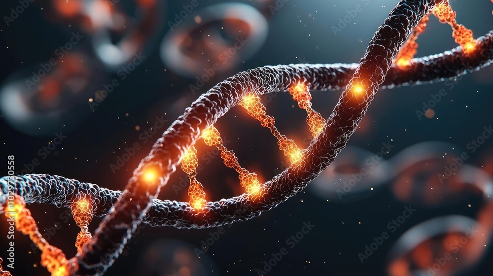 Poster illuminated dna strand with glowing nodes on a dark background.