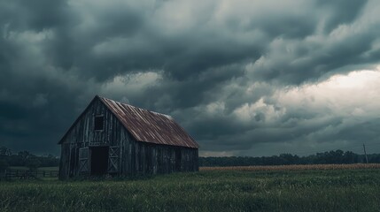 Obraz premium Serene Countryside View with Moody Barn and Clouds