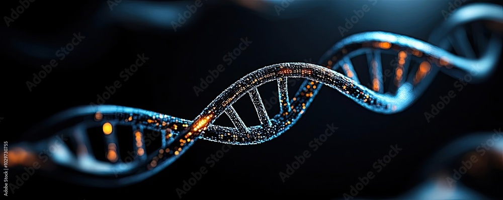 Aufkleber 3d rendering of dna strands with glowing effects on a dark background.