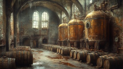 Naklejka premium Old, abandoned distillery with large copper tanks and wooden barrels.