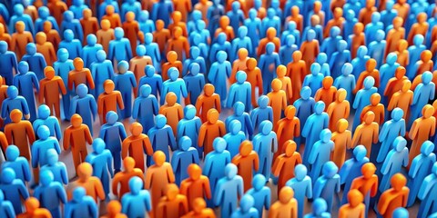 Obraz premium Vibrant crowd of blue and orange figures representing diversity and unity in population dynamics, diversity, unity, vibrant
