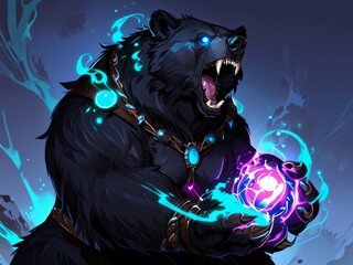 A fierce black bear with glowing eyes is depicted with its paws engulfed in colorful flames