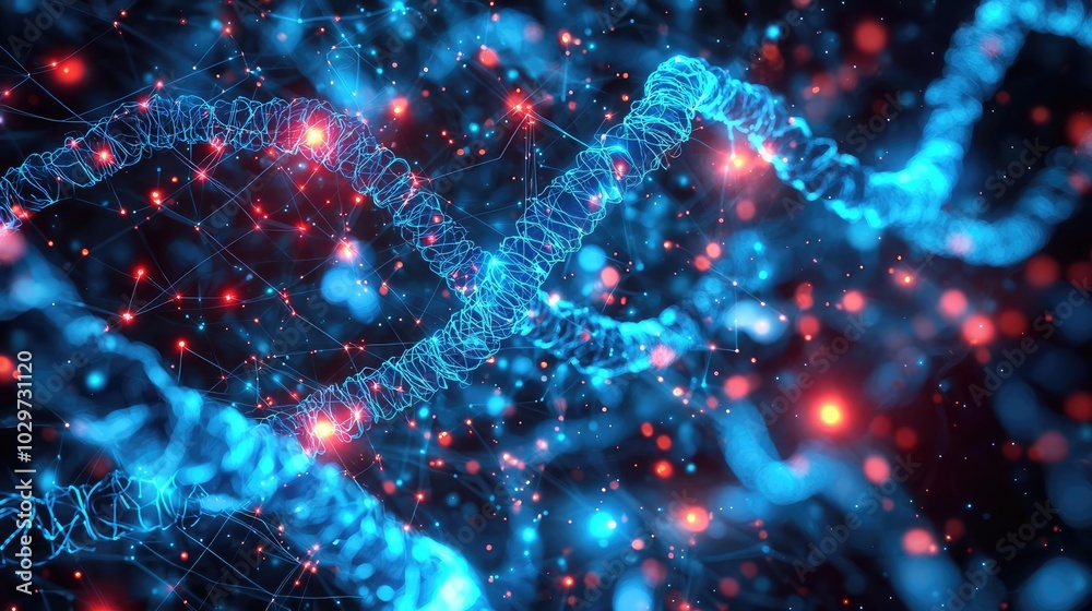 Poster abstract molecular structure with luminous blue and red particles on a dark backdrop.