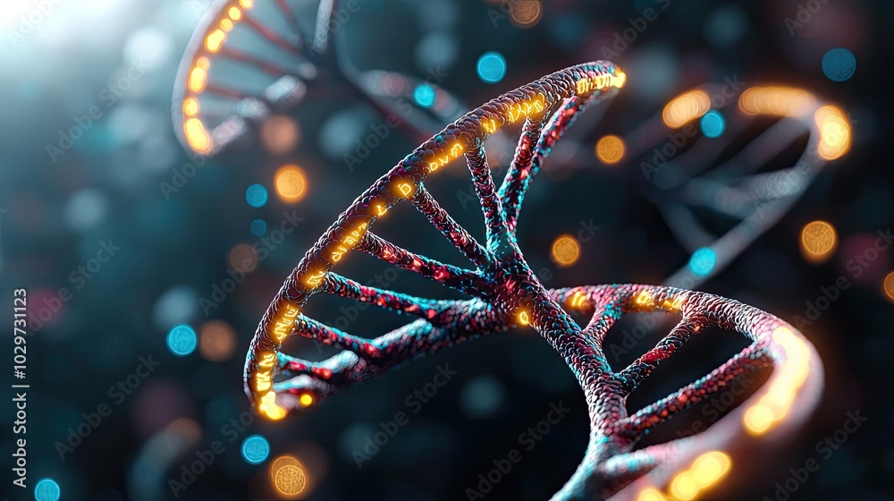 Aufkleber Abstract representation of DNA strands with glowing particles in a dark background