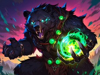 A fierce black bear with glowing eyes is depicted with its paws engulfed in colorful flames