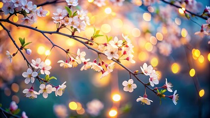 A delicate branch adorned with blossoms, illuminated by the soft glow of nature's warm light, creates a breathtaking spectacle of ethereal beauty.