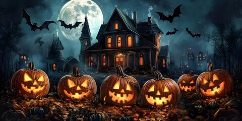 Jack-o-lanterns in front of haunted halloween house with bats and moon on the sky